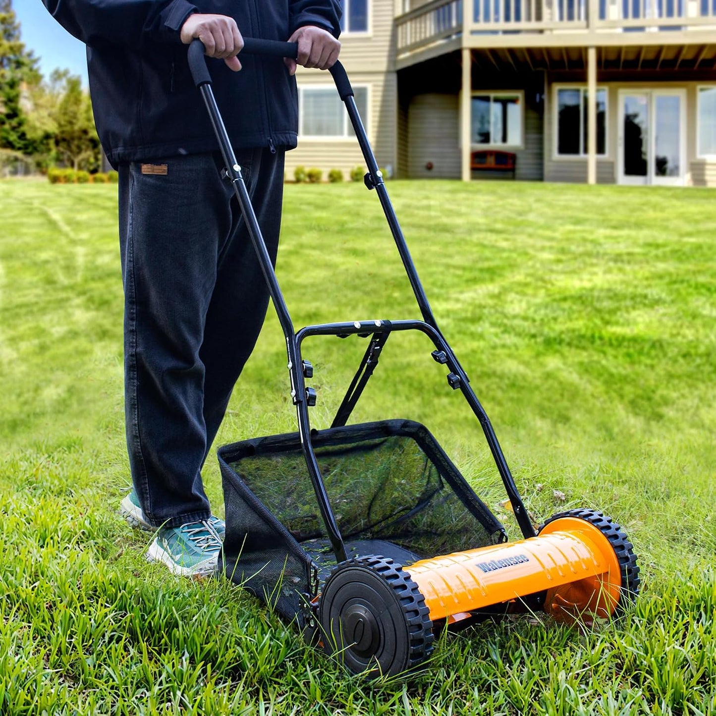 16-Inch 5-Blade Push Reel Lawn Mower, Cordless Manual Reel Lawn Mower Walk-Behind Steel Lawn Mowers with Removable 7.9-Gallon Grass Catcher, Sponge Grip, 4-Position Cutting Height Adjustment