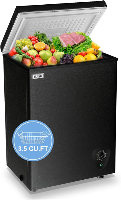 Chest Freezer 3.5 Cu.Ft Small Deep Freezer for Apartment Kitchen, Black | Free-Standing Top Door, Adjustable 7 Thermostat, Removable Basket, Temperature Control