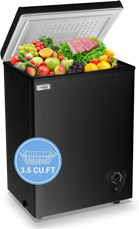 Chest Freezer 3.5 Cu.Ft Small Deep Freezer for Apartment Kitchen, Black | Free-Standing Top Door, Adjustable 7 Thermostat, Removable Basket, Temperature Control