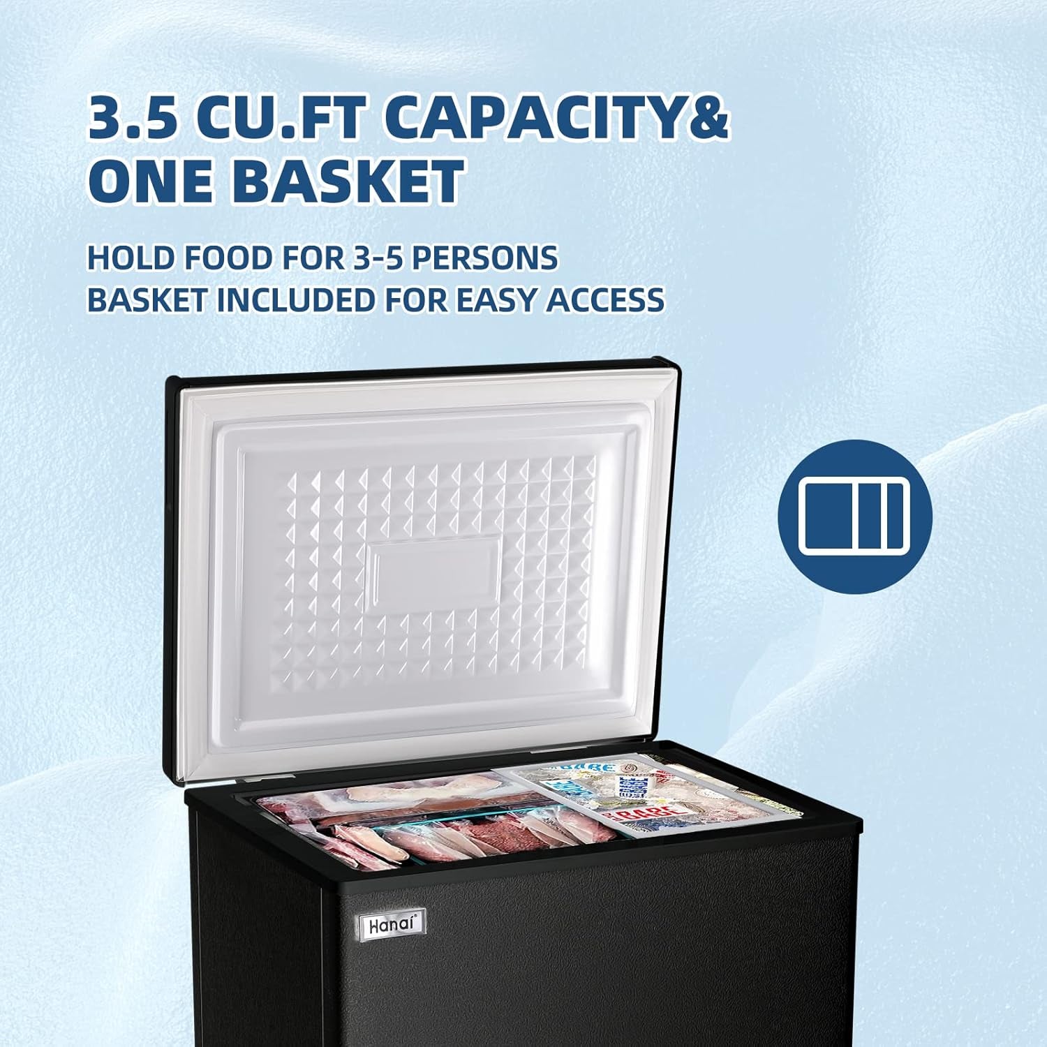 Chest Freezer 3.5 Cu.Ft Small Deep Top Door Mini with Removable Basket, Low Noise, 7 Adjustable Temperature and Energy Saving Perfect for Home Garage Basement Dorm or Apartment Black