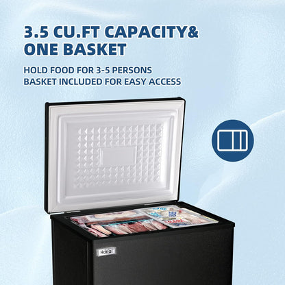 Chest Freezer 3.5 Cu.Ft Small Deep Top Door Mini with Removable Basket, Low Noise, 7 Adjustable Temperature and Energy Saving Perfect for Home Garage Basement Dorm or Apartment Black