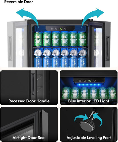 130 Can Mini Fridge, Beverage Refrigerator with Glass Door, Black | 3.2 Cu.Ft Capacity, 37°F to 61°F, Compressor Cooling, Digital Temperature Control, Removable Shelves, Home Bar Office Use