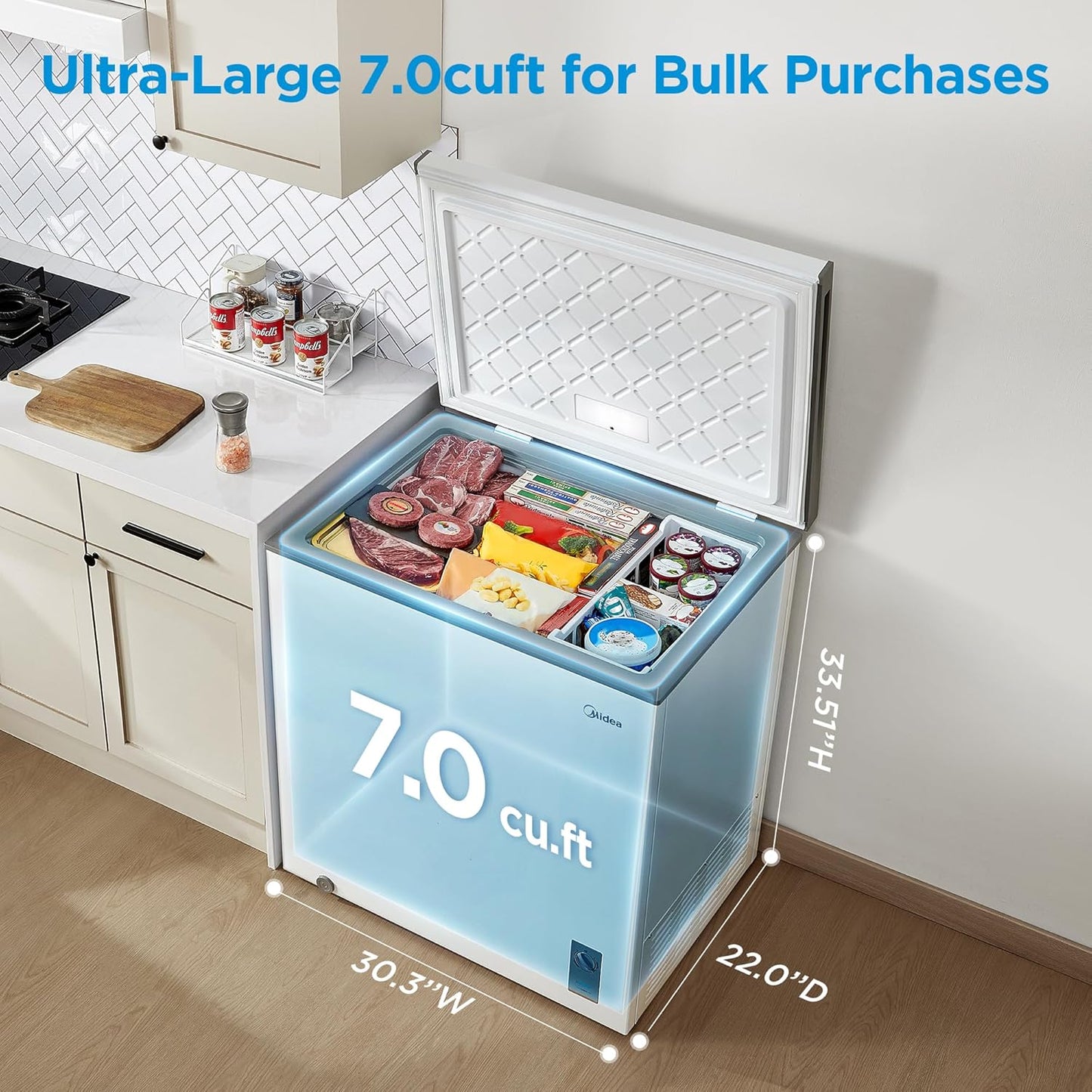 Midea 7.0 Cu.Ft Chest Freezer, Fridge Freezer Convertible with LED Light | Removable Basket, Adjustable Temperature, for Kitchen Apartment Office