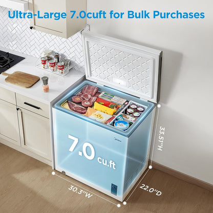 Midea 7.0 Cu.Ft Chest Freezer, Fridge Freezer Convertible with LED Light | Removable Basket, Adjustable Temperature, for Kitchen Apartment Office