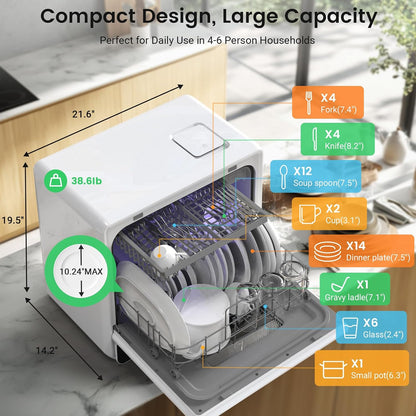 Countertop Portable Dishwasher, 9 Programs, 167℉ High-Temp, 360° 3 Spray, 24H Timing, Hot Air Drying, Air Refresh, Baby-Care, LED Light, 5.2L Built-In Water Tank for Apartments Rvs