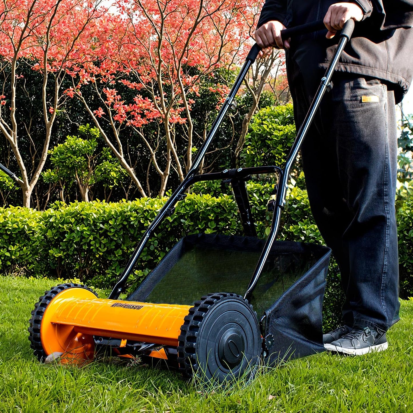 16-Inch 5-Blade Push Reel Lawn Mower, Cordless Manual Reel Lawn Mower Walk-Behind Steel Lawn Mowers with Removable 7.9-Gallon Grass Catcher, Sponge Grip, 4-Position Cutting Height Adjustment