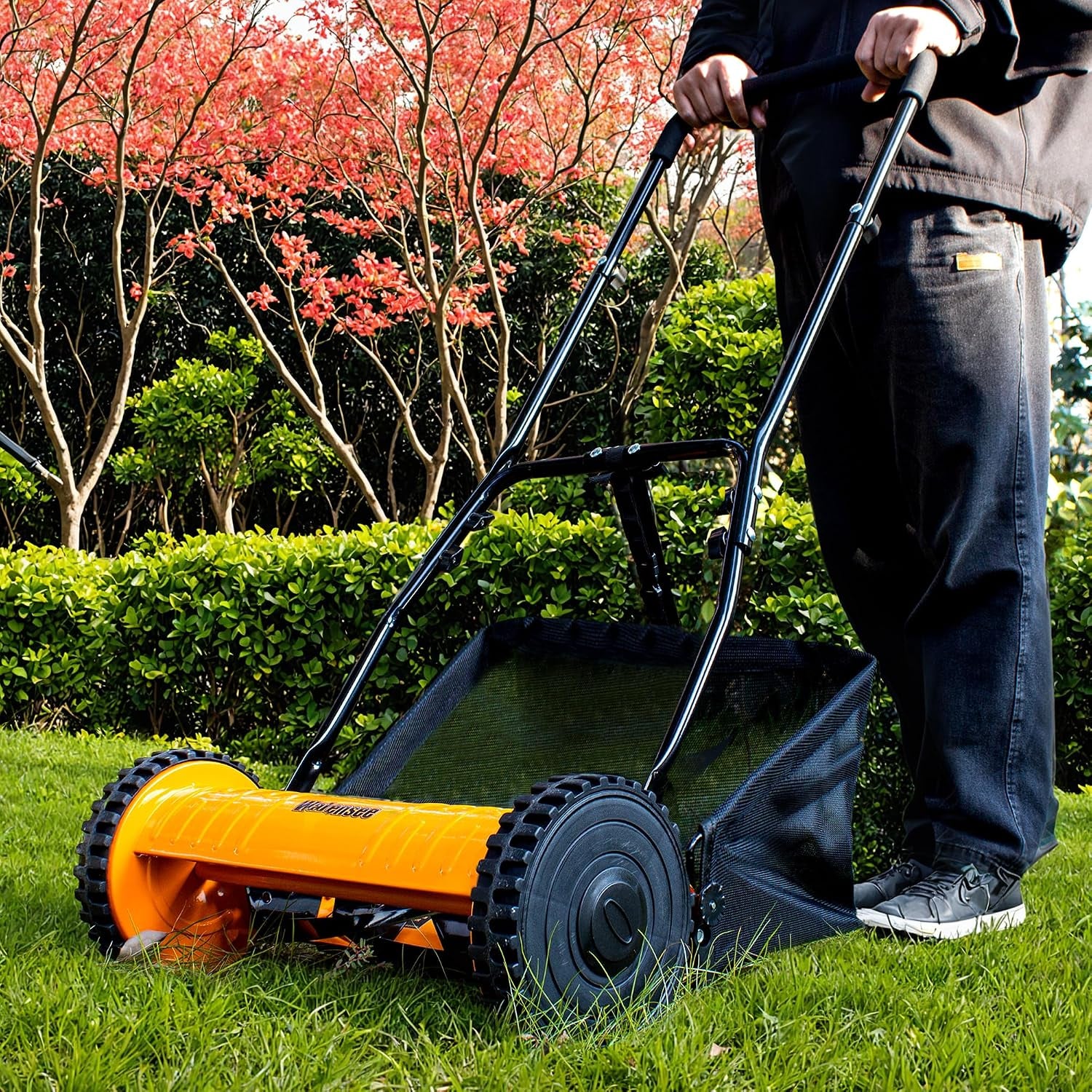16-Inch 5-Blade Push Reel Lawn Mower, Cordless Manual Reel Lawn Mower Walk-Behind Steel Lawn Mowers with Removable 7.9-Gallon Grass Catcher, Sponge Grip, 4-Position Cutting Height Adjustment