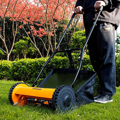 16-Inch 5-Blade Push Reel Lawn Mower, Cordless Manual Reel Lawn Mower Walk-Behind Steel Lawn Mowers with Removable 7.9-Gallon Grass Catcher, Sponge Grip, 4-Position Cutting Height Adjustment