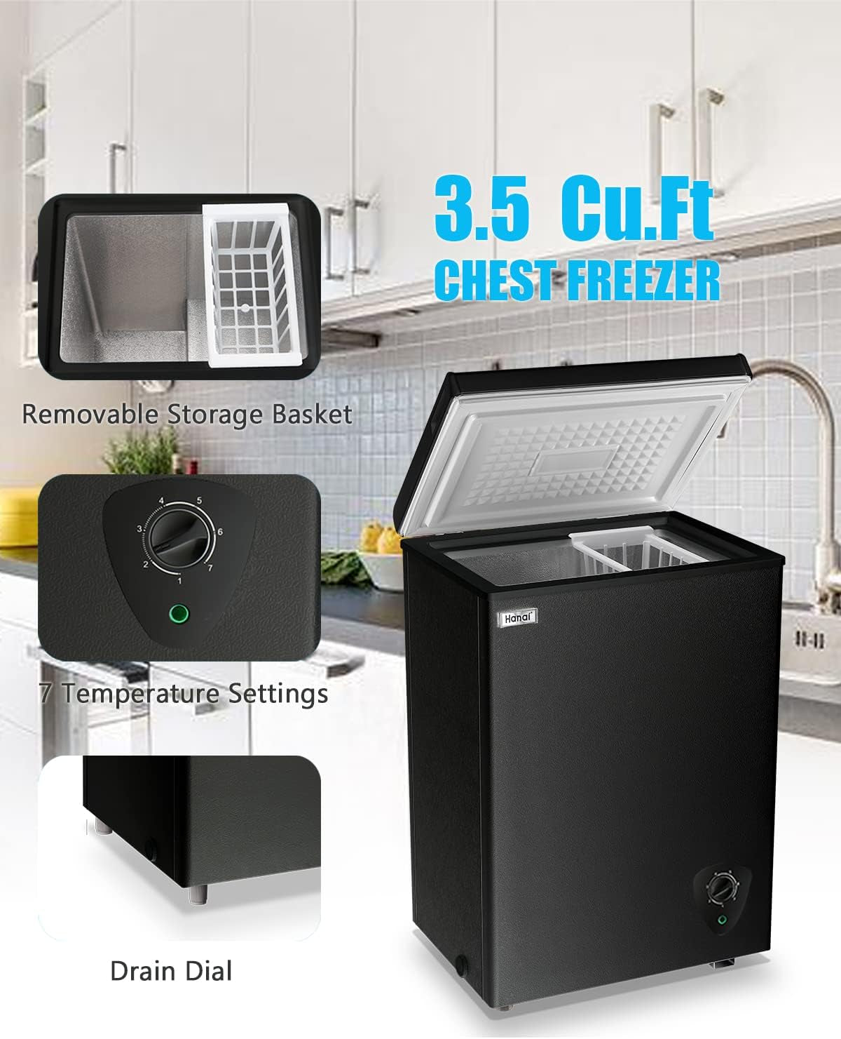 Chest Freezer 3.5 Cu.Ft Small Deep Freezer for Apartment Kitchen, Black | Free-Standing Top Door, Adjustable 7 Thermostat, Removable Basket, Temperature Control
