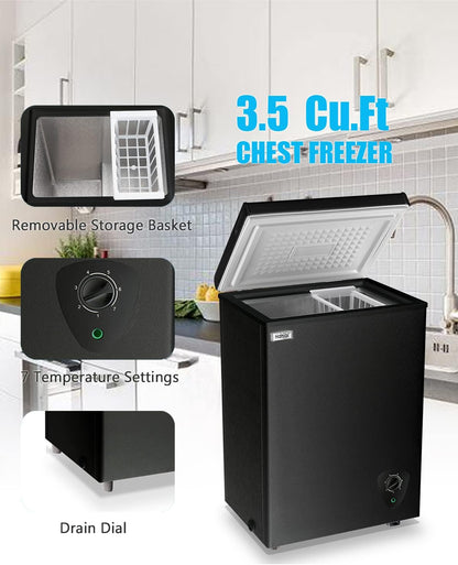 Chest Freezer 3.5 Cu.Ft Small Deep Freezer for Apartment Kitchen, Black | Free-Standing Top Door, Adjustable 7 Thermostat, Removable Basket, Temperature Control