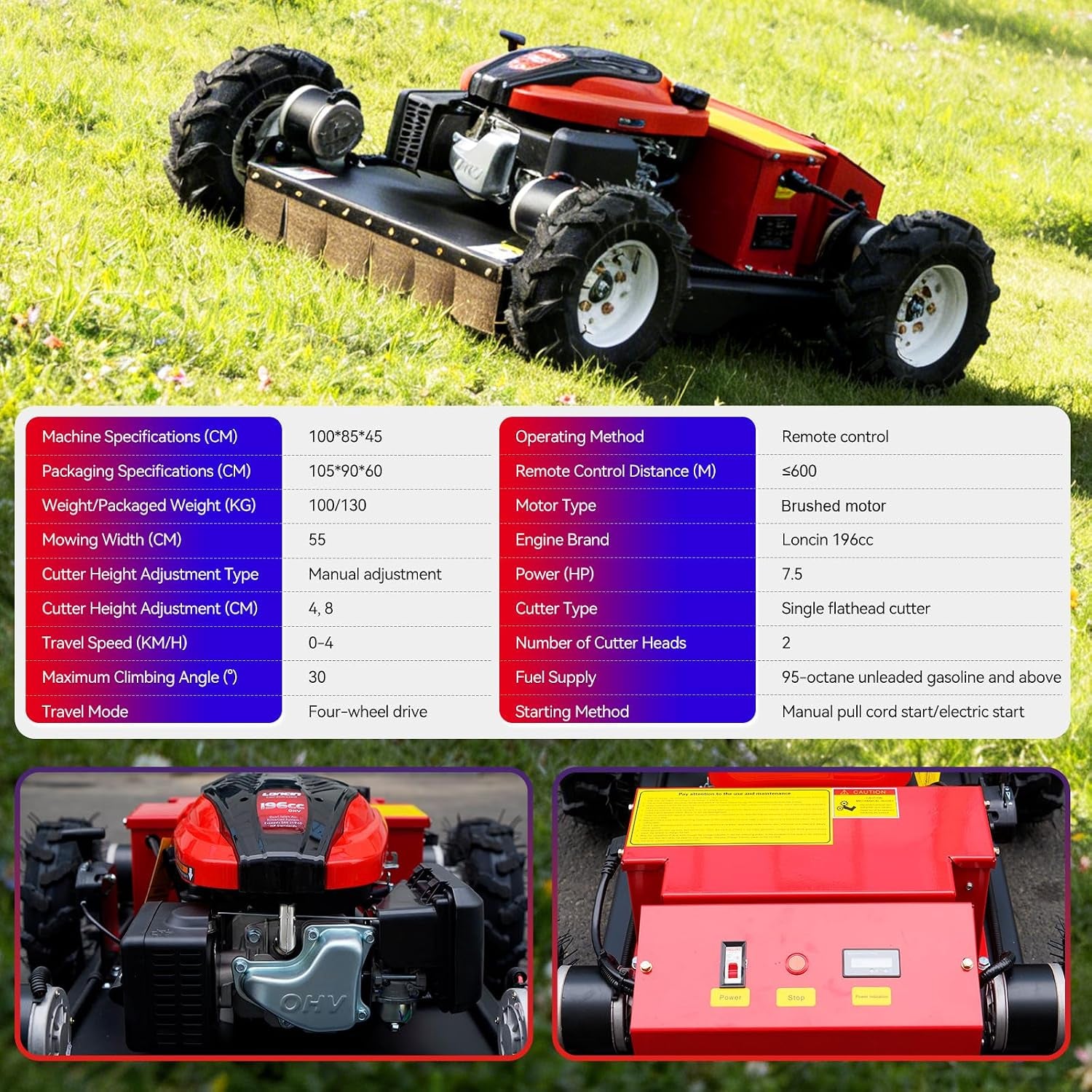 Remote-Controlled Robotic Lawnmower Features a 7.5-Horsepower Gasoline Engine, a Small Hybrid Four-Wheel Drive System, and Can Climb Slopes up to 30 Degrees. Suitable for Various Scenarios