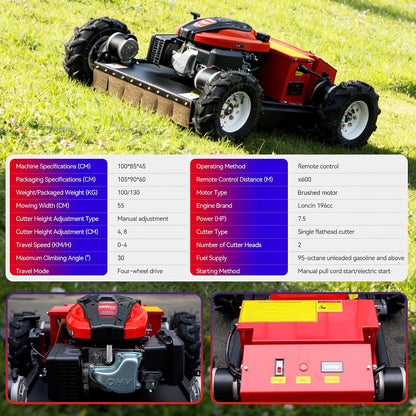 Remote-Controlled Robotic Lawnmower Features a 7.5-Horsepower Gasoline Engine, a Small Hybrid Four-Wheel Drive System, and Can Climb Slopes up to 30 Degrees. Suitable for Various Scenarios