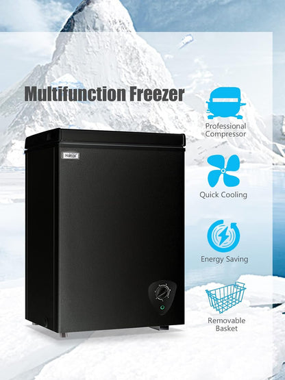 Chest Freezer 3.5 Cu.Ft Small Deep Freezer for Apartment Kitchen, Black | Free-Standing Top Door, Adjustable 7 Thermostat, Removable Basket, Temperature Control