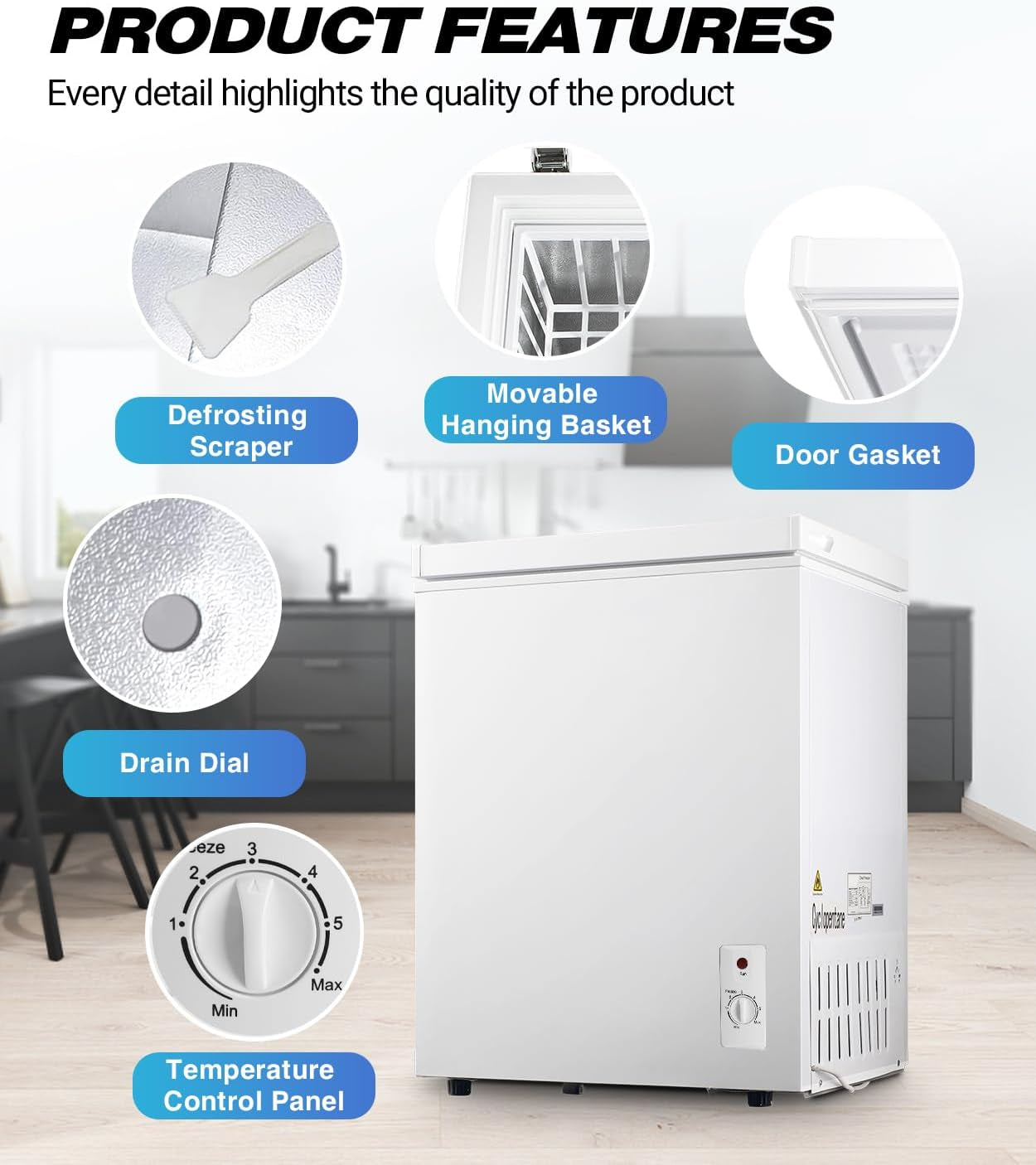 7.0 Cu.Ft Compact Deep Freezer, Energy Saving Chest Freezer, White | 7 Level Adjustable Thermostat, Small Freestanding Freezer with Removable Basket for Home Apartment Office