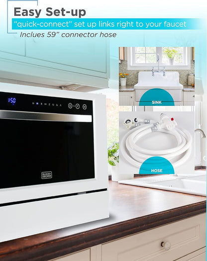BLACK+DECKER Countertop Dishwasher, Energy Star Certified, BCD6W, White | Counter Dish Washer with 7 Wash Programs, 6-Place Setting Capacity, 24-Hour Delayed Start