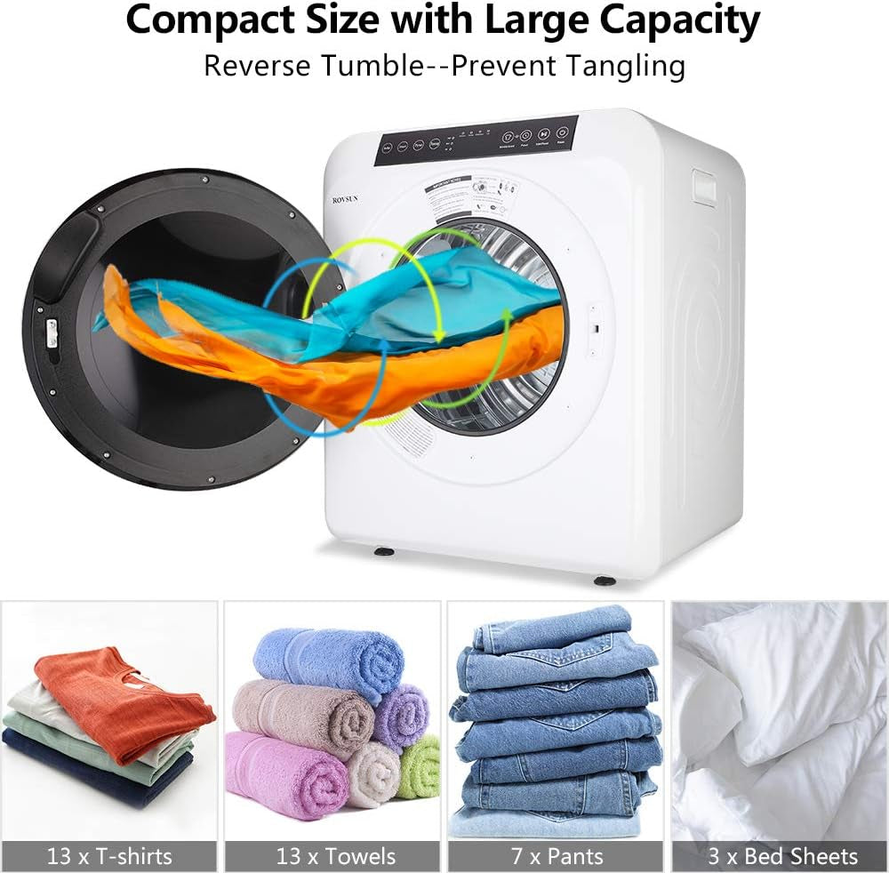 3.5 Cu.Ft Portable Clothes Dryer, High End Front Load Tumble Laundry Dryer with LCD Touch Screen, Stainless Steel Tub for Apartment, Home, Dorm-110V, Classic White