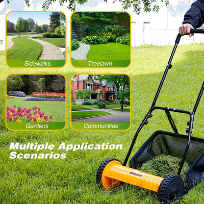 16-Inch 5-Blade Push Reel Lawn Mower, Cordless Manual Reel Lawn Mower Walk-Behind Steel Lawn Mowers with Removable 7.9-Gallon Grass Catcher, Sponge Grip, 4-Position Cutting Height Adjustment