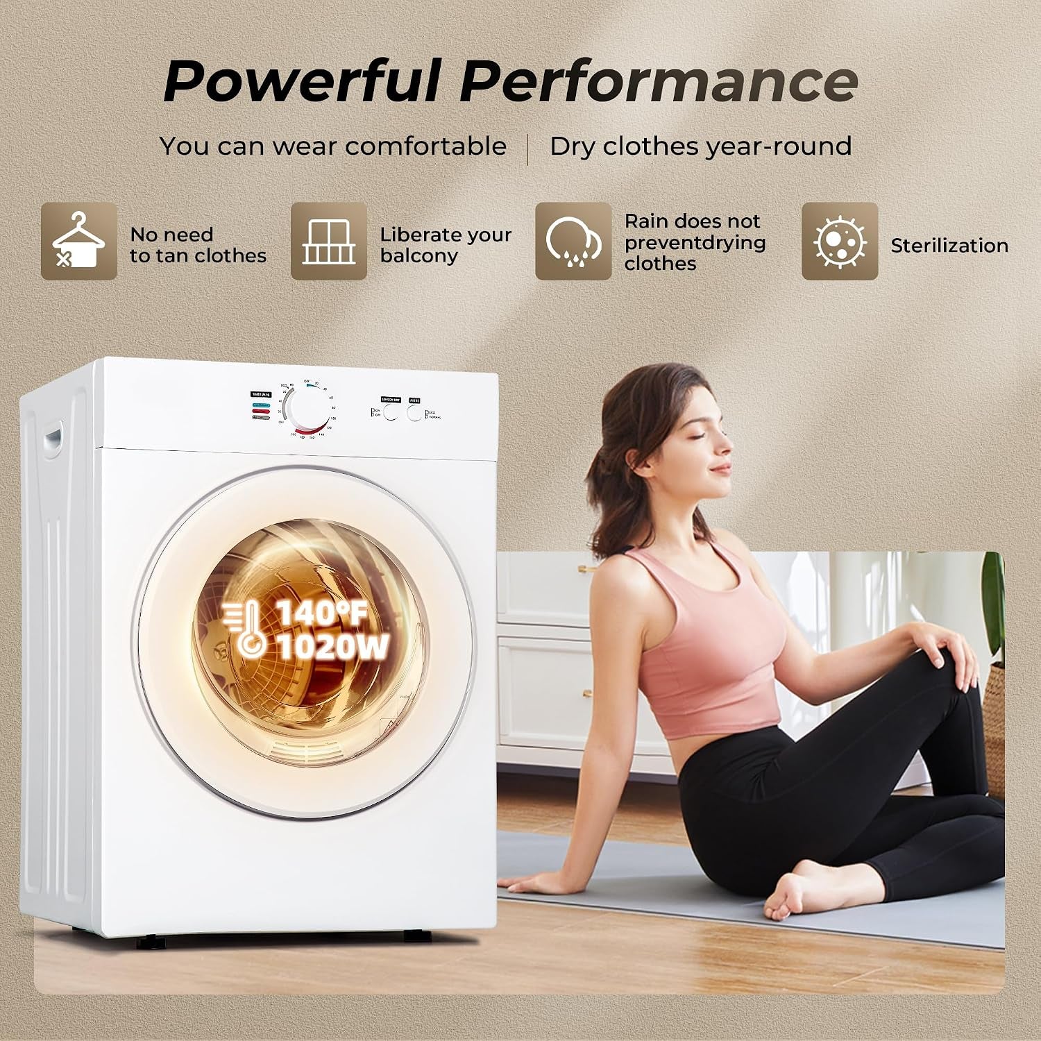1.8 Cu.Ft Portable Clothes Dryer 1020W Compact Laundry Drying | Durable Stainless Steel Drum, 7 Drying Modes with ECO Energy Saving, Wall-Mountable Space-Saver for Apartments & Rvs