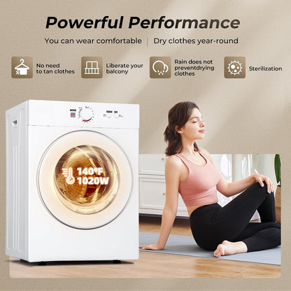 1.8 Cu.Ft Portable Clothes Dryer 1020W Compact Laundry Drying | Durable Stainless Steel Drum, 7 Drying Modes with ECO Energy Saving, Wall-Mountable Space-Saver for Apartments & Rvs