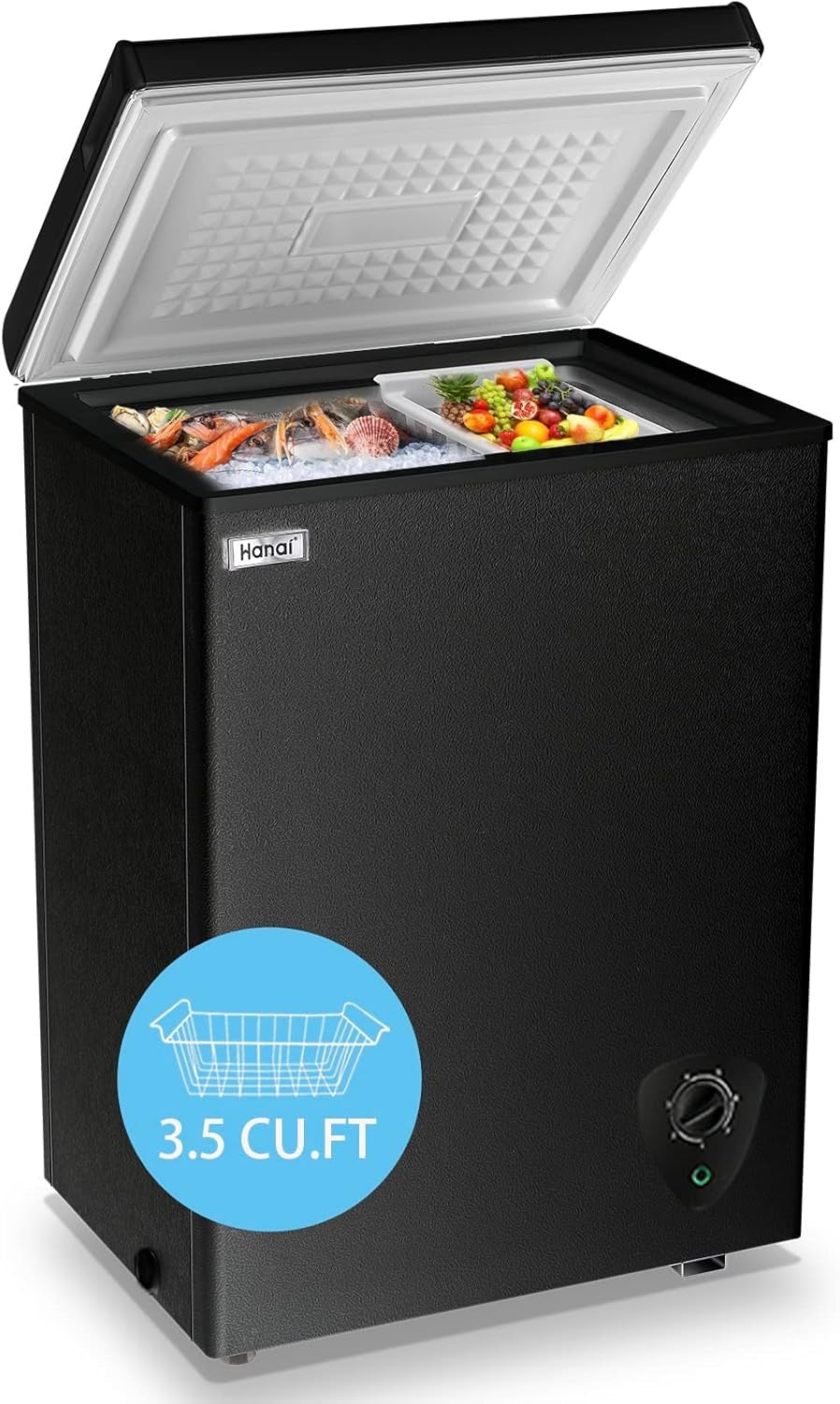 Chest Freezer 3.5 Cu.Ft Small Deep Top Door Mini with Removable Basket, Low Noise, 7 Adjustable Temperature and Energy Saving Perfect for Home Garage Basement Dorm or Apartment Black