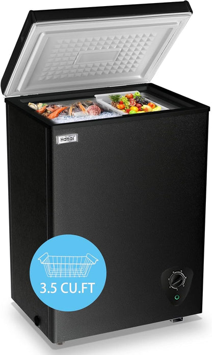 Chest Freezer 3.5 Cu.Ft Small Deep Top Door Mini with Removable Basket, Low Noise, 7 Adjustable Temperature and Energy Saving Perfect for Home Garage Basement Dorm or Apartment Black