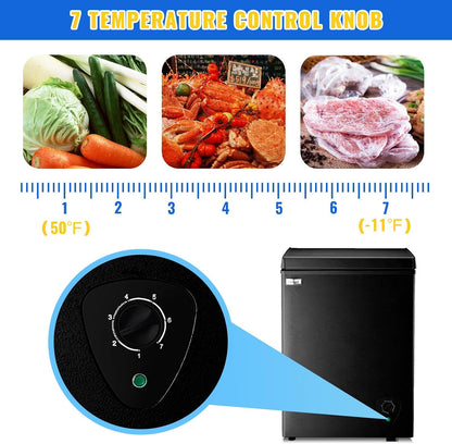 Chest Freezer 3.5 Cu.Ft Small Deep Freezer Top Door for Garage Black | Free-Standing Freezer with 2 Removable Baskets Adjustable 7 Thermostat Wheels & Adjustable Feet