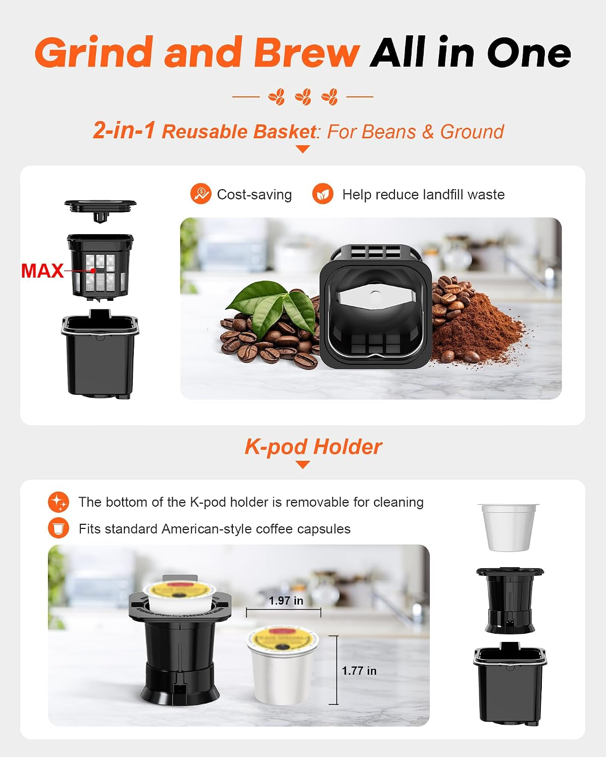 Single Serve Coffee Maker with Built-In Grinder, Fast Brew 6-16Oz Single Cup for Whole Beans, Grounds, K Pod, Grind and Brew Coffee Maker with 47Oz Water Tank, Descaling Alert, Black
