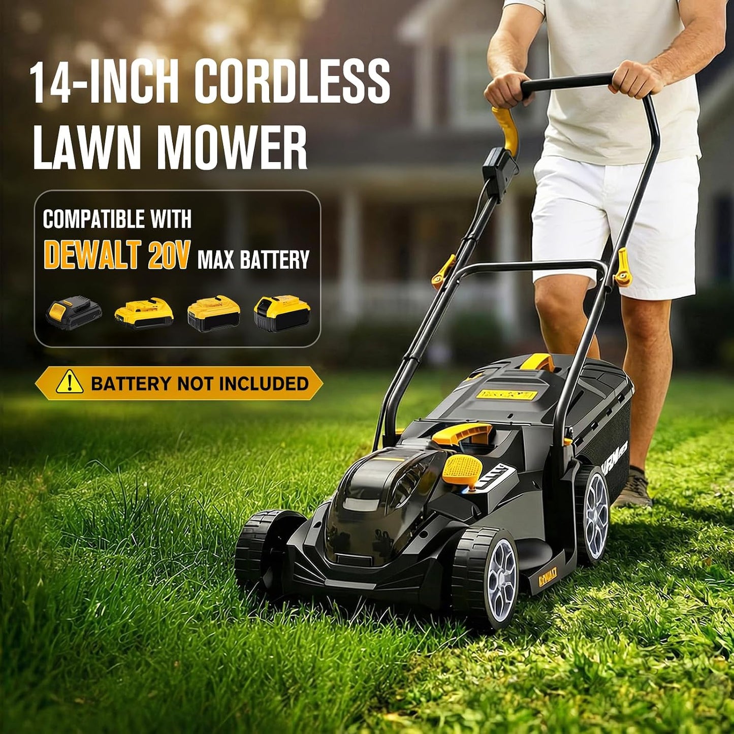 Cordless Lawn Mower Compatible with Dewalt 20V MAX Battery | 14", 2-In-1 Brushless Electric Lawn Mower for Small Yards, Push Mowers with 5-Position Height Adjustment, Black (Tool Only)