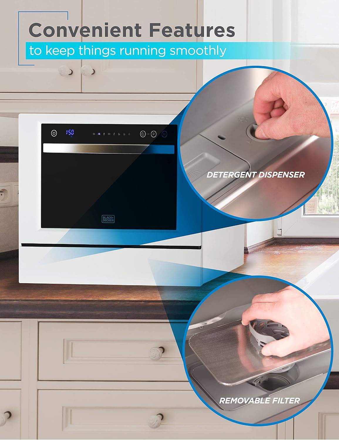 BLACK+DECKER Countertop Dishwasher, Energy Star Certified, BCD6W, White | Counter Dish Washer with 7 Wash Programs, 6-Place Setting Capacity, 24-Hour Delayed Start