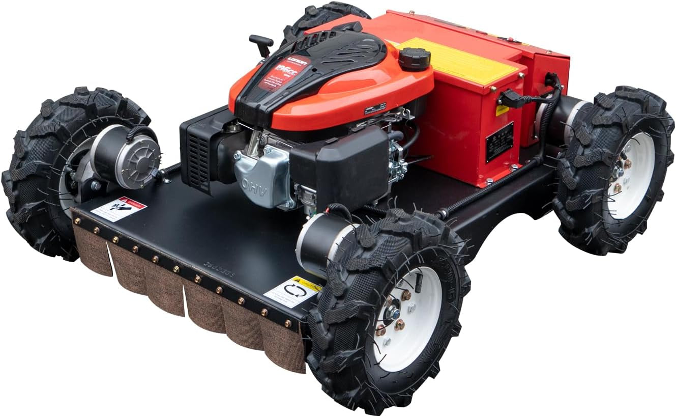 Remote-Controlled Robotic Lawnmower Features a 7.5-Horsepower Gasoline Engine, a Small Hybrid Four-Wheel Drive System, and Can Climb Slopes up to 30 Degrees. Suitable for Various Scenarios