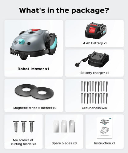 V100 Robot Lawnmower without Boundary, with Vision Navigation, Obstacle Detection（150 Types）, Robotic Lawnmower with Magnetic Wires, 4Ah Battery, Max. 150 M², Replacement Blades, Spot Mow