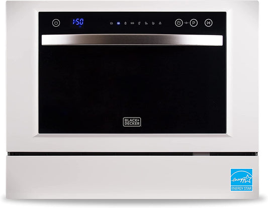 BLACK+DECKER Countertop Dishwasher, Energy Star Certified, BCD6W, White | Counter Dish Washer with 7 Wash Programs, 6-Place Setting Capacity, 24-Hour Delayed Start