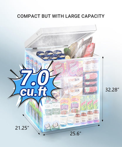 7.0 Cu.Ft Compact Deep Freezer, Energy Saving Chest Freezer, White | 7 Level Adjustable Thermostat, Small Freestanding Freezer with Removable Basket for Home Apartment Office