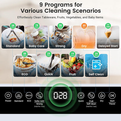Countertop Portable Dishwasher, 9 Programs, 167℉ High-Temp, 360° 3 Spray, 24H Timing, Hot Air Drying, Air Refresh, Baby-Care, LED Light, 5.2L Built-In Water Tank for Apartments Rvs