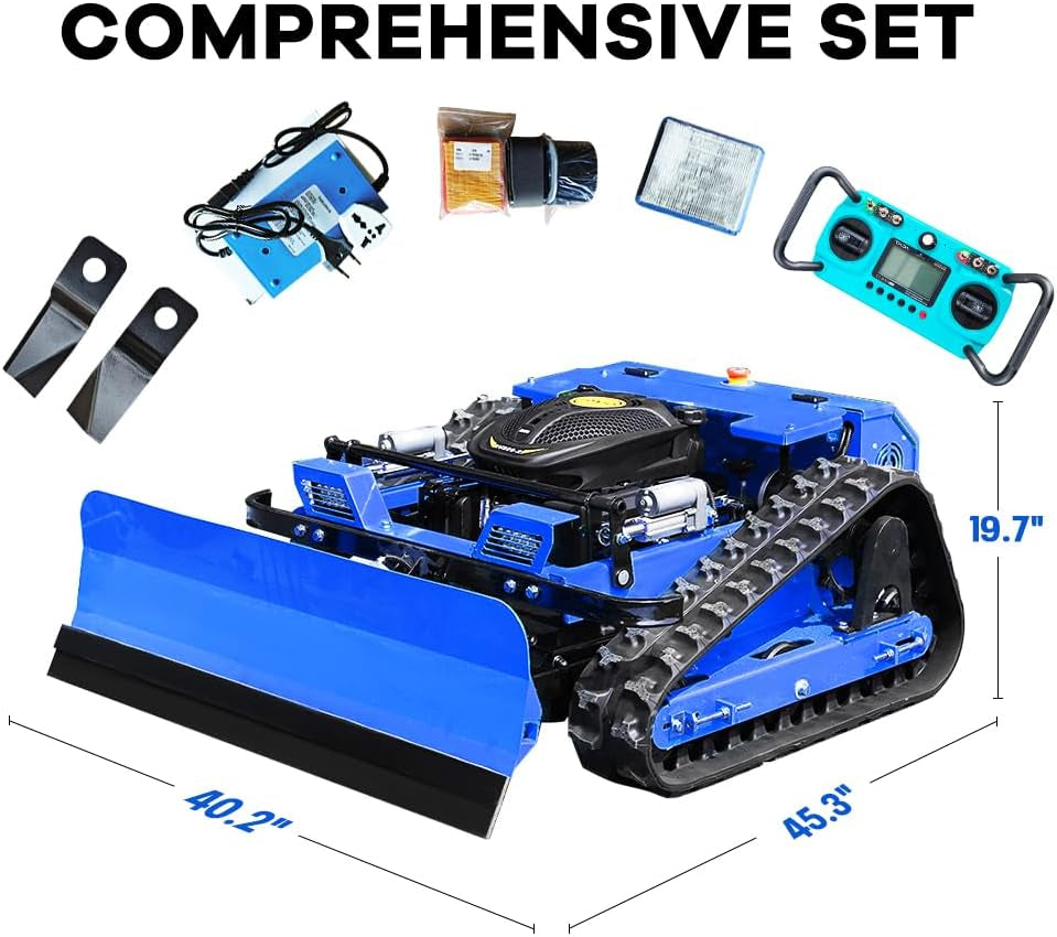 Remote Control Lawn Mower with Snow Plow Attachment–700M Range, Hybrid Gas-Electric Power, Track Design, All-Terrain, Adjustable Cutting Height (0.79-5.9 Inches)