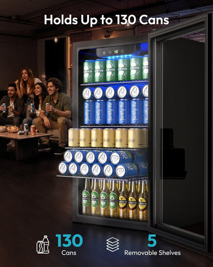 130 Can Mini Fridge, Beverage Refrigerator with Glass Door, Black | 3.2 Cu.Ft Capacity, 37°F to 61°F, Compressor Cooling, Digital Temperature Control, Removable Shelves, Home Bar Office Use