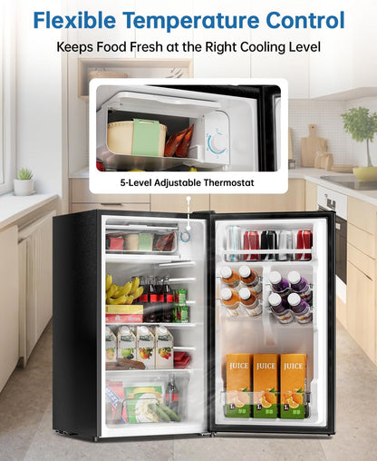 3.2 Cu Ft Mini Fridge with Freezer, Single Door Upright Freezer | Energy Efficient, Large Capacity, Reversible Door, ETL Certified, Small Refrigerator for Bedroom, Office & Dorm, Black