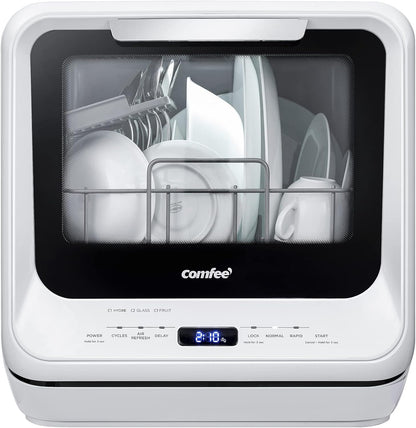 Portable Dishwasher Countertop with 5L Built-In Water Tank, No Hookup Needed, 6 Programs, 360° Dual Spray, 192℉ High-Temp& Air-Dry Function, Mini Dishwasher for Rvs, White | No Hookup Needed for Rvs, Dorm& Apartment High-Temp & Air-Dry, 360° Dual Spray, Compact & Energy Efficient, White