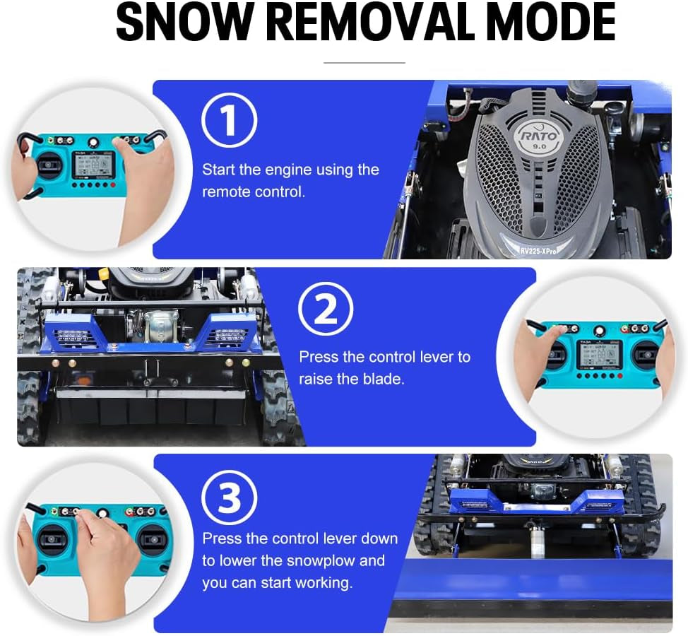 Remote Control Lawn Mower with Snow Plow Attachment–700M Range, Hybrid Gas-Electric Power, Track Design, All-Terrain, Adjustable Cutting Height (0.79-5.9 Inches)