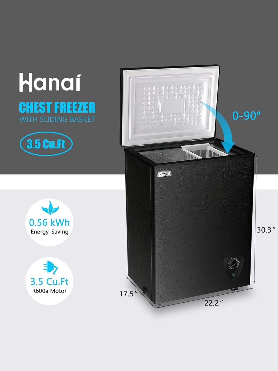 Chest Freezer 3.5 Cu.Ft Small Deep Freezer for Apartment Kitchen, Black | Free-Standing Top Door, Adjustable 7 Thermostat, Removable Basket, Temperature Control