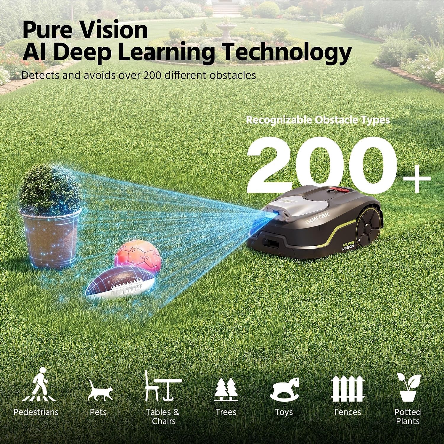 Robot Lawn Mower without Boundary, AI Pure Vision Robotic Mower with Auto Mapping, Slope up to 35°, IPX5 Waterproof Rating, Automatic Mapping, APP Control for Lawns up to 250 M²