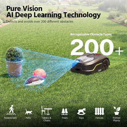 Robot Lawn Mower without Boundary, AI Pure Vision Robotic Mower with Auto Mapping, Slope up to 35°, IPX5 Waterproof Rating, Automatic Mapping, APP Control for Lawns up to 250 M²