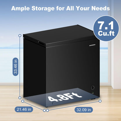 7.1 Cu.Ft Chest Freezer for Apartment, Black | Deep Freezer with Adjustable Thermostat, Top Open Door Freezer with Removable Basket, Low Noise for Kitchen, Office