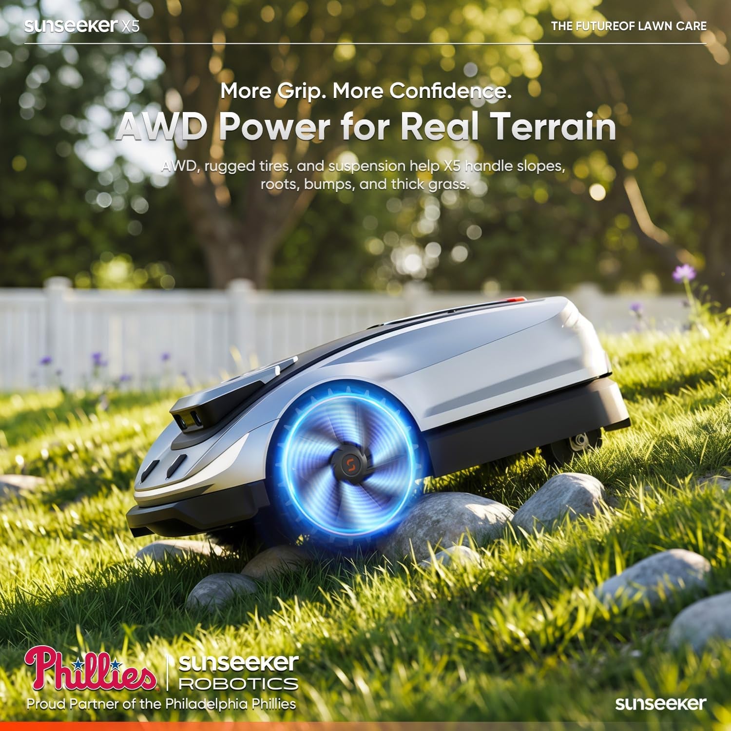 X5 AWD Robot Lawn Mower, RTK, Vision AI, 0.5 Acre, Wire-Free | Dependable AWD Mowing for Homeowners with Medium to Large Everyday Yards, Slopes and Uneven Ground.