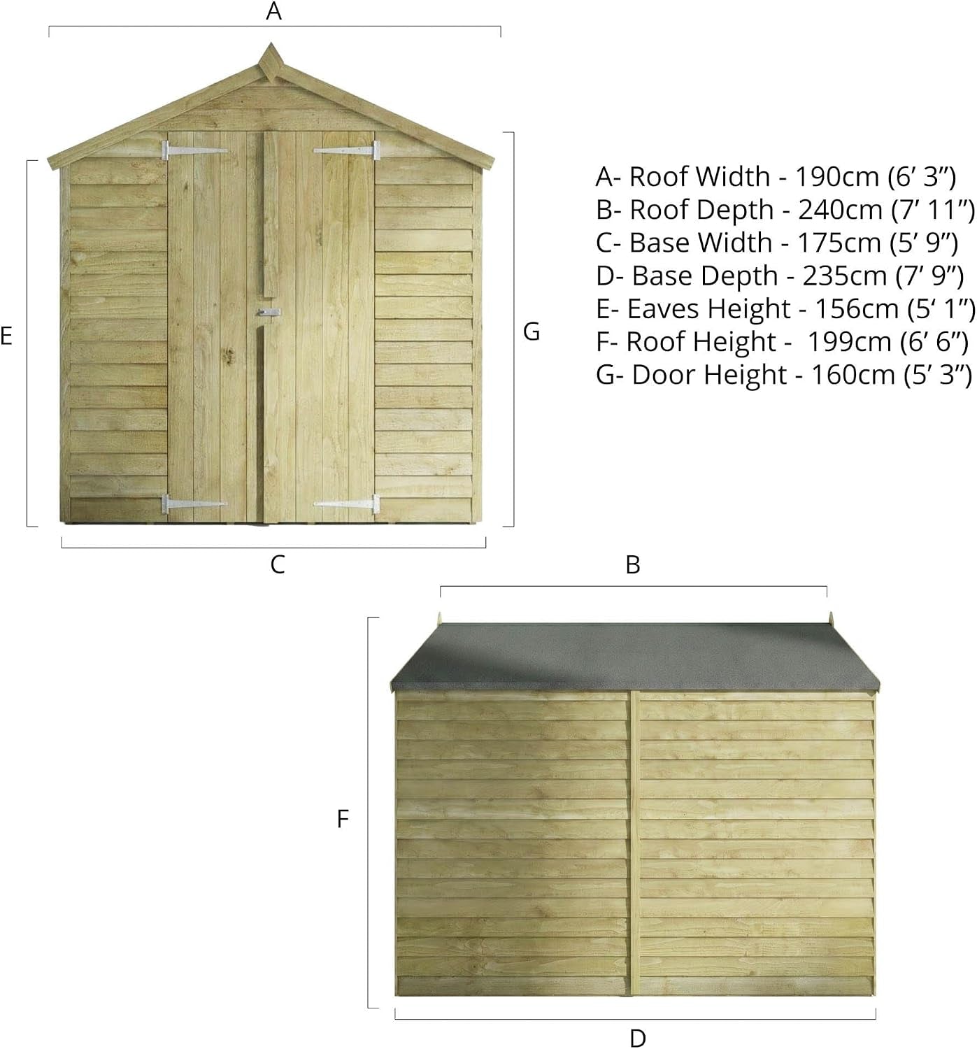 WALTONS 8X6 Overlap Storage Shed | Apex Roof | 7Mm Overlap Cladding | Wooden Garden Storage Shed | Felt and Fixings Included (8 X 6 Double Door No Windows)