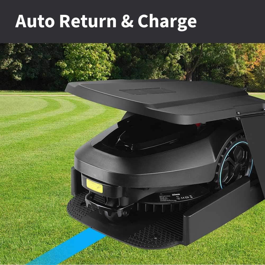 RM18 28V Robotic Lawnmower Autocharging Self-Propelled 18Cm Cut Width and 20-60Mm Cutting Heights Robot Lawn Mower with Samsung Battery for Lawns up to 600M² Include Garage