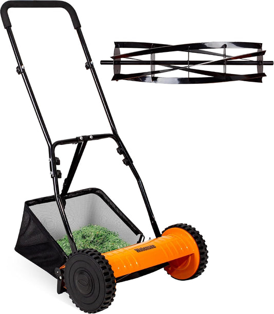16-Inch 5-Blade Push Reel Lawn Mower, Cordless Manual Reel Lawn Mower Walk-Behind Steel Lawn Mowers with Removable 7.9-Gallon Grass Catcher, Sponge Grip, 4-Position Cutting Height Adjustment