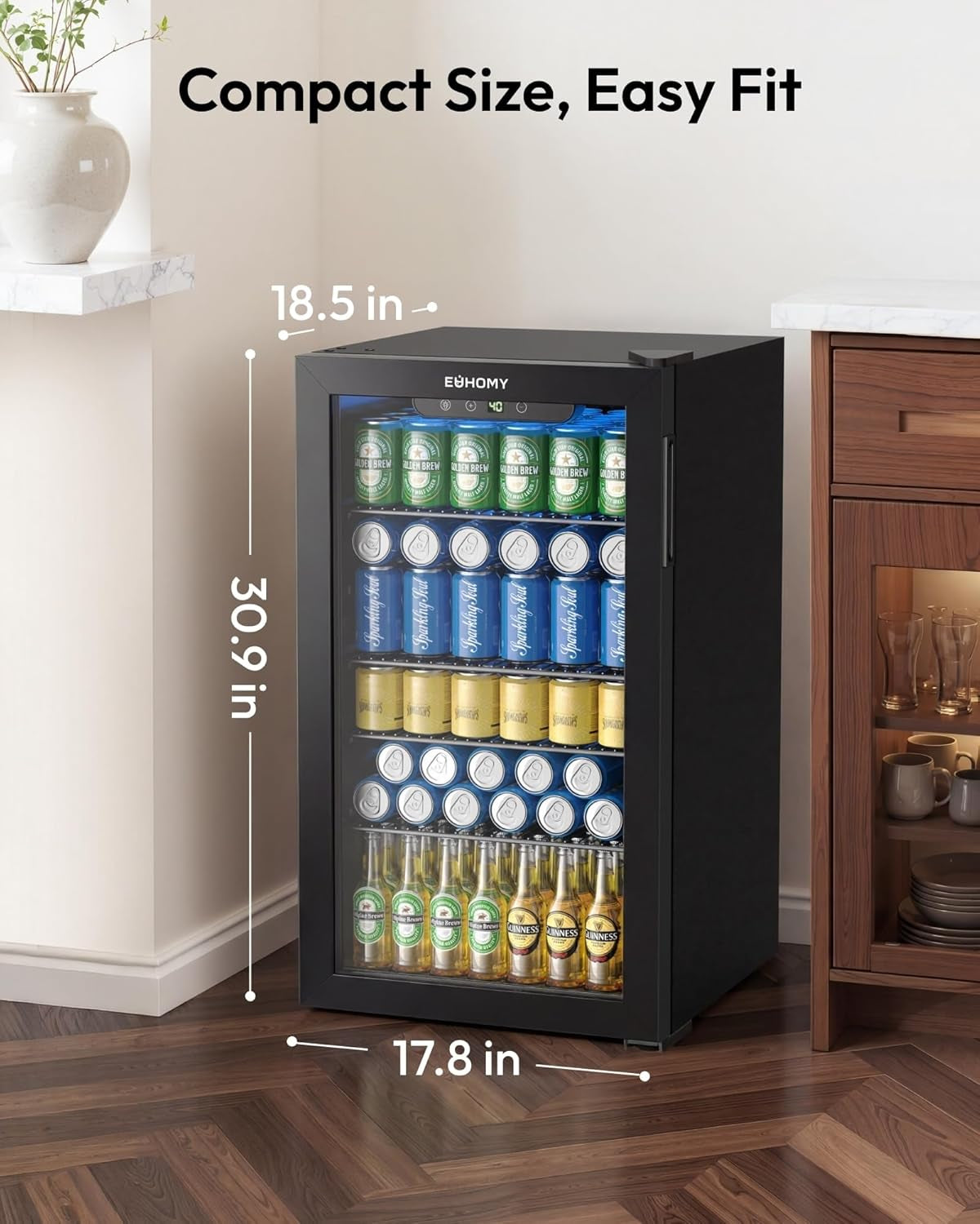 130 Can Mini Fridge, Beverage Refrigerator with Glass Door, Black | 3.2 Cu.Ft Capacity, 37°F to 61°F, Compressor Cooling, Digital Temperature Control, Removable Shelves, Home Bar Office Use