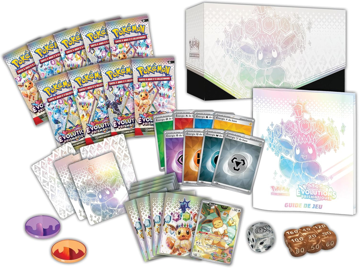: Scarlet & Purple Elite Trainer Set - Prismatic Evolutions of the  TCG (1 Fully Illustrated Promo Card, 9 Booster Packs & Premium Game Accessories)