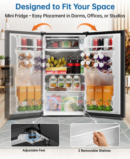 3.2 Cu Ft Mini Fridge with Freezer, Single Door Upright Freezer | Energy Efficient, Large Capacity, Reversible Door, ETL Certified, Small Refrigerator for Bedroom, Office & Dorm, Black